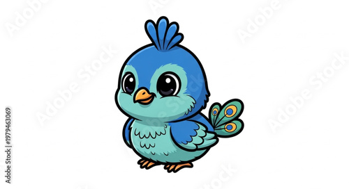 Cute cartoon blue bird with fluffy feathers and big eyes.