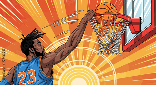 An energetic male basketball player in a blue and orange jersey dunks a basketball with a dynamic sunburst background.