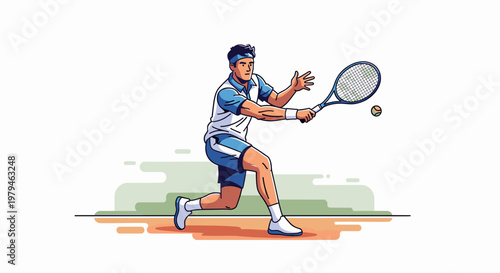 A male tennis player in a blue and white uniform hitting a tennis ball with a racket on a court, depicted in a clean illustration style.