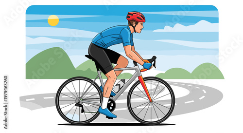 A cyclist in a blue jersey and red helmet rides a road bike on a paved road with rolling hills and a sunny sky in the background.