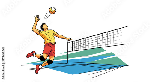 A dynamic illustration of a male volleyball player spiking the ball over the net on a court.