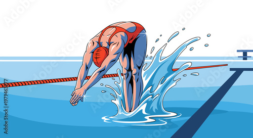 A detailed illustration of a female swimmer diving headfirst into a blue swimming pool, creating a dynamic splash of water.