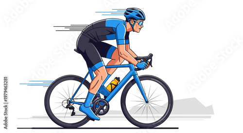 Dynamic illustration of a male cyclist in a blue racing suit and helmet, riding a road bike at high speed, depicting motion and athleticism.