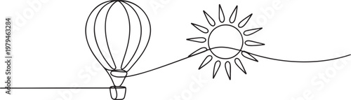 Air balloon with sun. Symbol of happiness, travel and relaxation. One line draw graphic design vector