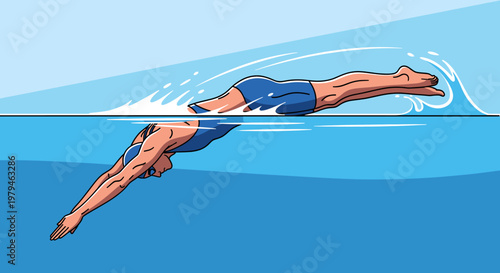 Illustration of a swimmer performing a butterfly stroke underwater and above the water surface.