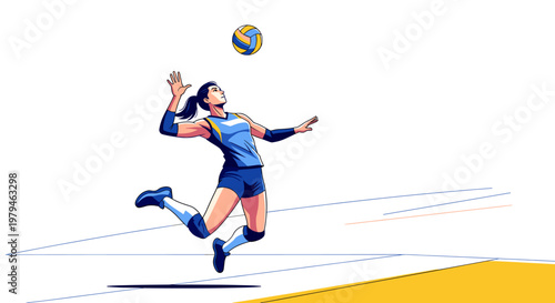 Dynamic illustration of a female volleyball player in mid-air, preparing to spike the ball during a game.