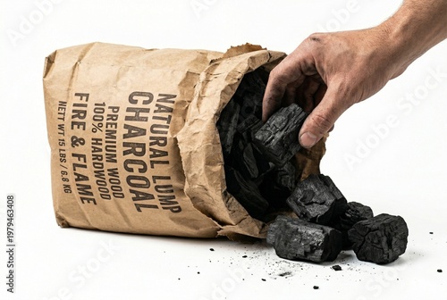 Hand reaching into a bag of natural lump charcoal isolated on white background