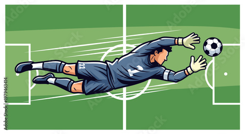 A soccer goalkeeper in a grey uniform dives to save a soccer ball during a game on a green field.