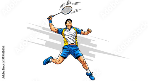 A dynamic illustration of a male badminton player jumping high to smash a shuttlecock with his racket during a game.