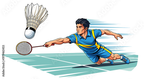Dynamic illustration of a male badminton player lunging to hit a shuttlecock on a court, showing speed and agility.