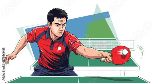A focused male athlete in a red shirt plays table tennis, hitting the ball with a red paddle over the net on a green table.