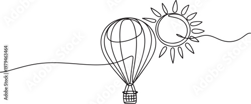 Air balloon with sun. Symbol of happiness, travel and relaxation. One line draw graphic design vector