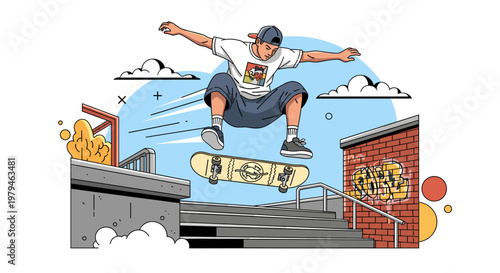 Dynamic illustration of a skateboarder performing an aerial trick over stairs in an urban environment.