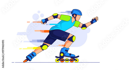 Dynamic illustration of a person rollerblading with protective gear, conveying speed and motion.