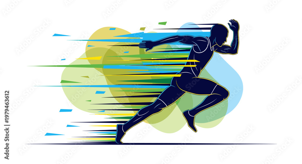 Naklejka premium Silhouette of a runner in motion, depicted with dynamic streaks of color symbolizing speed and energy.