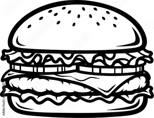 A simple black and white line art illustration of a delicious classic cheeseburger for coloring