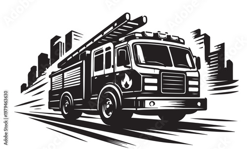 Fire Truck Silhouette Vector, Fire Engine Emergency Vehicle, Black and White Rescue Illustration
