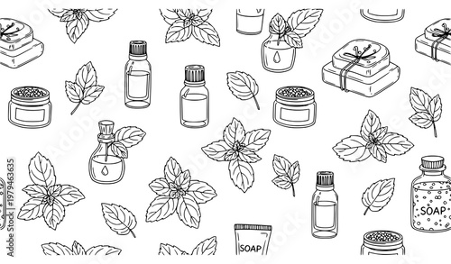Peppermint leaves cosmetic seamless pattern hand drawn mint plant vector isolated on white background
