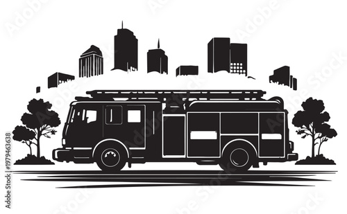 Fire Truck Silhouette Vector, Fire Engine Emergency Vehicle, Black and White Rescue Illustration