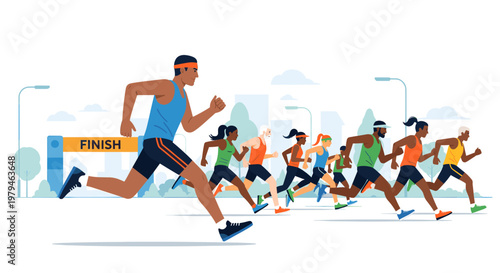 Diverse group of runners competing in a race, crossing the finish line with determination and effort.