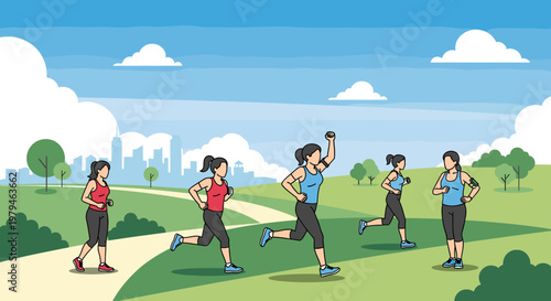 A group of women of diverse ages and fitness levels enjoying a healthy outdoor run in a scenic park with a city skyline in the background.