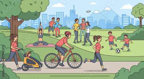 Diverse group of people enjoying various outdoor activities in a vibrant city park on a sunny day.