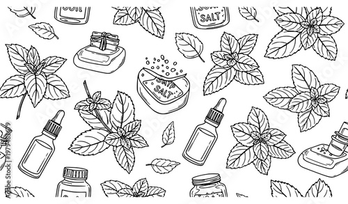 Hand drawn mint leaves and spa cosmetic seamless pattern peppermint vector isolated on white background