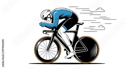 A cyclist in aerodynamic racing gear speeds along a road on a time trial bicycle, depicted in a dynamic illustration.