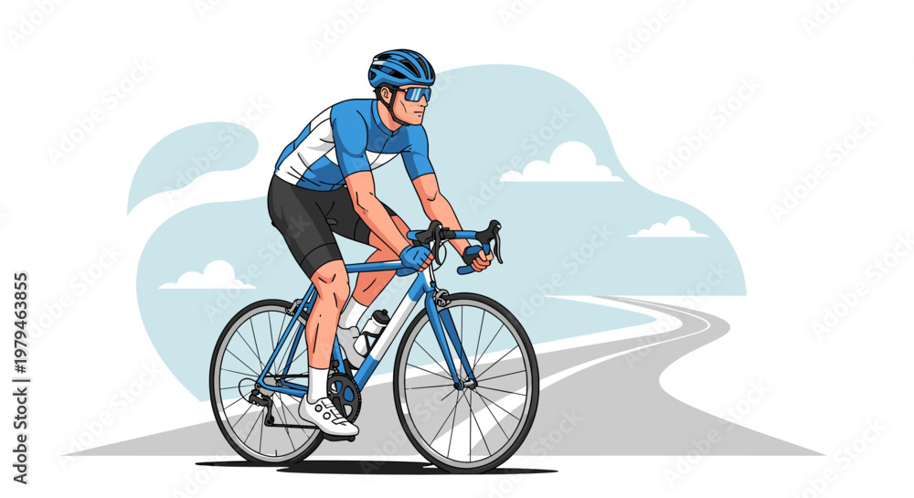 Fototapeta premium A male cyclist in a blue and white jersey, black shorts, and a blue helmet rides a blue road bike on a paved road with a cloudy sky.