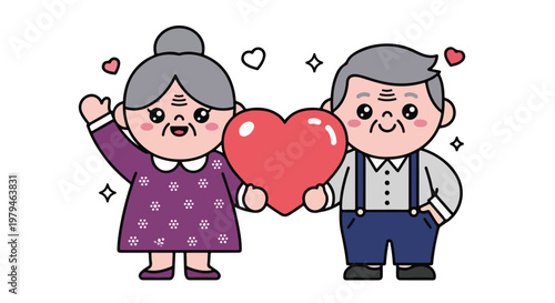 Cute cartoon elderly couple holding a large red heart together expressing love and affection in a cheerful style