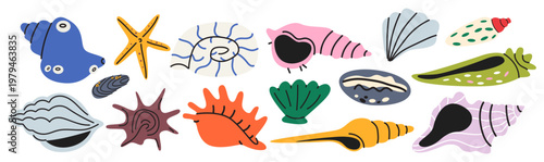 Large collection of various sea shells and marine life elements. Hand drawn set of ocean treasures, snails and corals in pastel colors. Vector illustrations