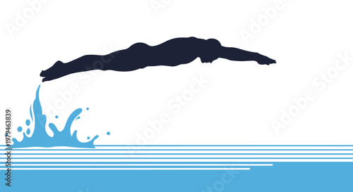 Silhouette of a swimmer diving into blue water with a splash, representing the start of a race or a powerful entry.