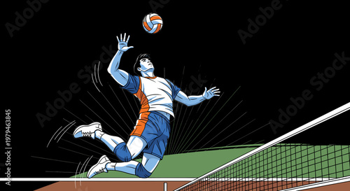 Dynamic illustration of a male volleyball player executing a powerful spike during a game, captured mid-air with intense focus.