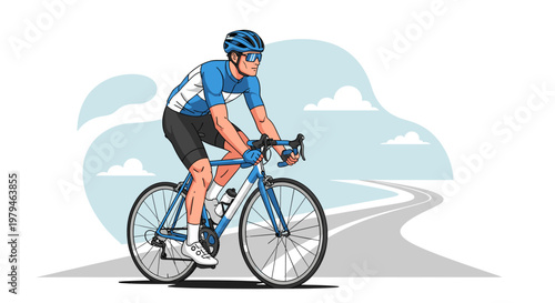 A male cyclist in a blue and white jersey, black shorts, and a blue helmet rides a blue road bike on a paved road with a cloudy sky.