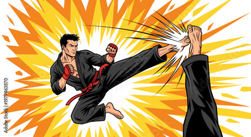 Dynamic illustration of a martial artist performing a powerful flying kick with a burst of energy emanating from the impact.
