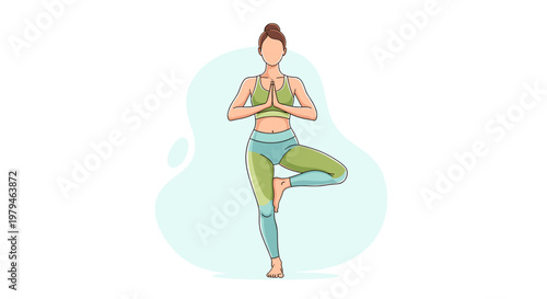 A woman in athletic wear performs the Vrksasana yoga pose, also known as the Tree Pose, with her hands pressed together at her chest.