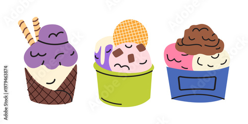 Set of different cartoon ice cream flavors in cups. Hand drawn vector illustrations of gelato with toppings, chocolate, sprinkles and wafer. Sweet summer food