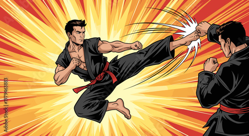 Dynamic illustration of two men engaged in a martial arts fight, one delivering a powerful kick.