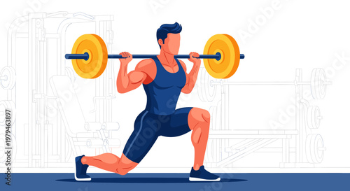 A muscular man performing a barbell lunge exercise in a gym, showcasing strength training and fitness.