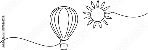 Air balloon with sun. Symbol of happiness, travel and relaxation. One line draw graphic design vector