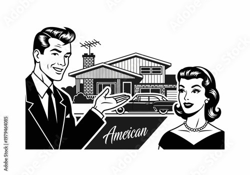 Foto Retro 1950s Style Illustration of a Couple with Their New Suburban House and Car