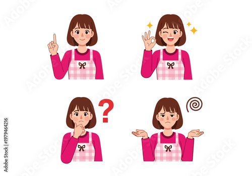 Set of Woman Character Expressions in Pink Apron: Idea, Success, Doubt, and Frustration Illustrations