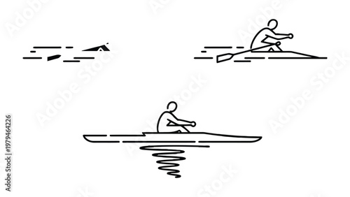 Rowing Sports Icons: Minimalist line art icons showcase the dynamic essence of rowing and swimming activities. The illustrations depict athletes in action. 