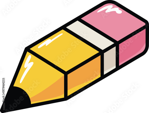 Cartoon style yellow pencil with pink eraser sharp graphite tip hand drawn office supplies school supplies art supplies writing tool drawing tool writing instrument colored pencil