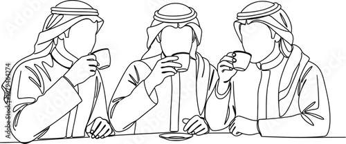 Three men wearing traditional arab clothing sitting together and drinking coffee at a table