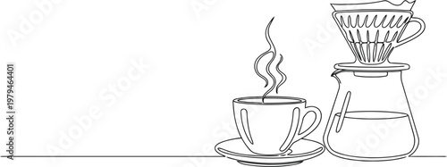A single continuous line drawing of a cup of hot coffee next to a glass pour over coffee dripper