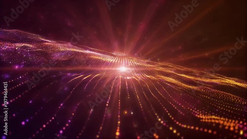 Abstract digital waves of light particles shimmer and glow.