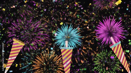 A festive celebration with colorful fireworks and confetti.