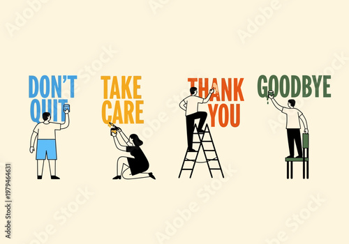 Mental Health and Workplace Transitions Illustration featuring Don't Quit, Take Care, Thank You, and Goodbye Messages for Career and Well-being Concepts
