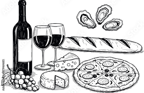 An artistic hand drawn illustration depicting a gourmet spread of wine pizza cheese and oysters